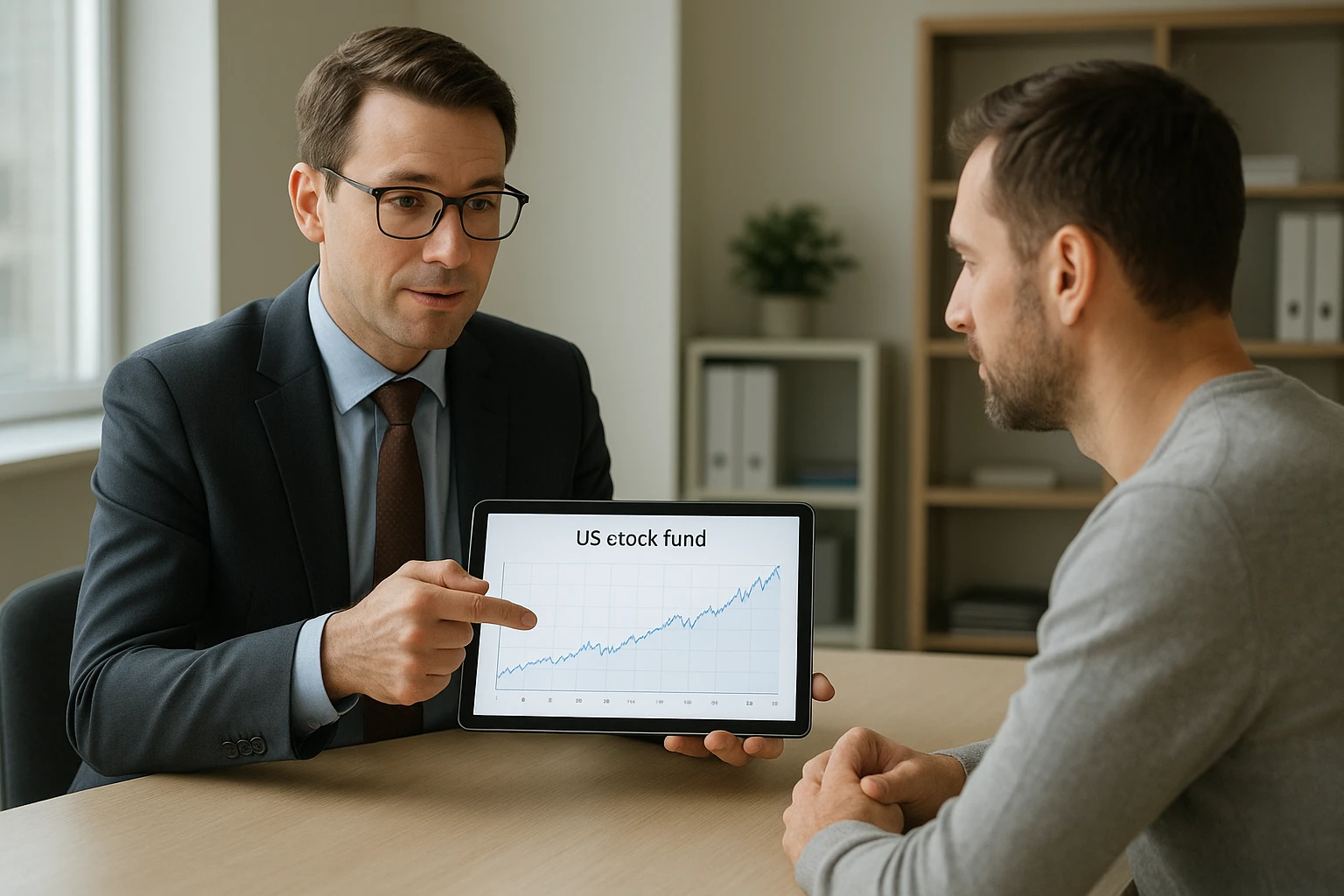Nat&uuml;rliche, realistische Fotoszene eines seri&ouml;sen Finanzberatungsb&uuml;ros: ein professioneller Berater zeigt einem Kunden auf einem Tablet eine langfristige Performance-Grafik eines US-Aktienfonds, neutrale Farbtemperatur, dezentes Tageslicht, hochwertige Innenraumaufnahme, keine Logos, keine Marken, keine lesbaren Fantasiedaten.