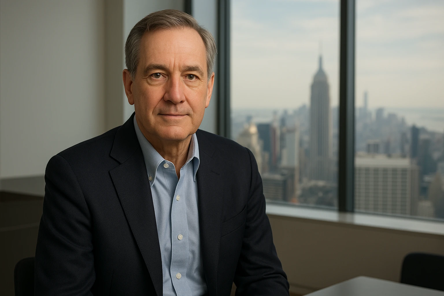 Realistische redaktionelle Porträtaufnahme von David Alger, Wall-Street-Ikone und US-Aktienfonds-Manager, in einem modernen Finanzbüro mit Blick auf die Skyline von Manhattan im Hintergrund, natürliche Hauttöne, dezente Business-Kleidung, ruhige selbstbewusste Pose, hochwertige Fotografie, neutrale bis leicht warme Farbtemperatur, keine Schriftzüge, keine Logos