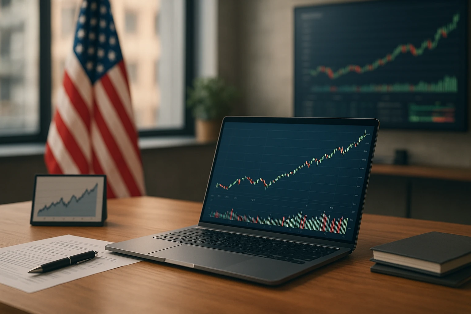 Ein realistisches Konzeptbild zu US-Aktienfonds: Business-Umgebung mit amerikanischer B&ouml;rsenatmosph&auml;re, Laptop, Finanzcharts und dezent erkennbarer US-Markt-Charakter, langfristiges Wachstum und Stabilit&auml;t symbolisierend, nat&uuml;rliche Farben, ausgewogene Beleuchtung, fotografischer Stil, keine Logos, keine lesbaren Texte.