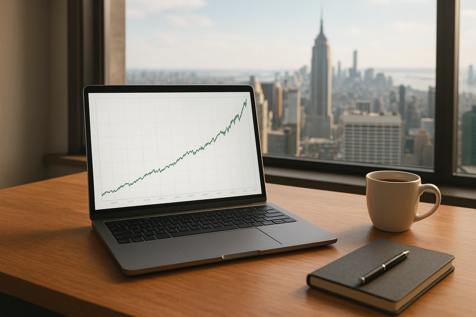Fotorealistisches Finanzmotiv: ein moderner Arbeitsplatz mit einem Laptop, auf dessen Bildschirm eine langfristige Wachstumskurve eines US-Aktienfonds über mehrere Jahrzehnte zu sehen ist, daneben ein dezentes Notizbuch, eine Kaffeetasse und eine Fensteransicht auf eine US-amerikanische Skyline im Hintergrund, natürliche Lichtstimmung, ausgewogene Farbtemperatur, realistische Details, keine lesbaren Texte, keine Logos