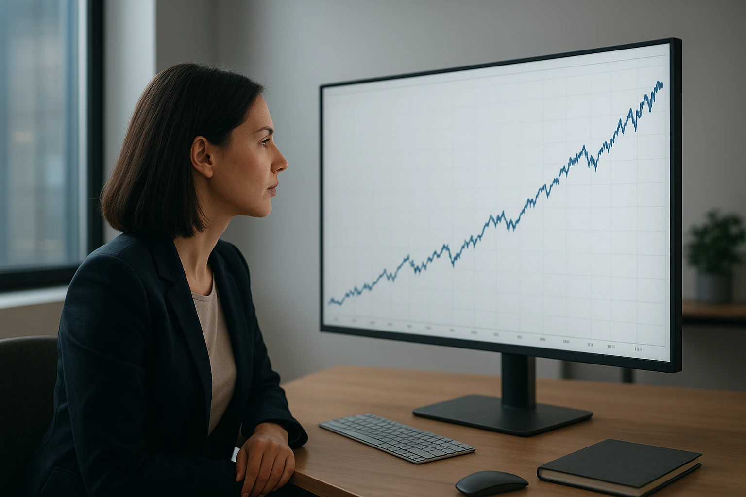 Realistische Szene in einem Investment-Office: eine weibliche oder männliche Analystin betrachtet auf einem großen Monitor eine Zeitreihe der US-Aktienfonds-Renditen über mehrere Jahrzehnte, visuell klarer Aufwärtstrend mit zyklischen Schwankungen, natürliche Hauttöne, moderne Einrichtung, ausgewogene, kühle-neutral warme Farbtemperatur, journalistischer Stil, ohne lesbare Beschriftungen auf dem Bildschirm.