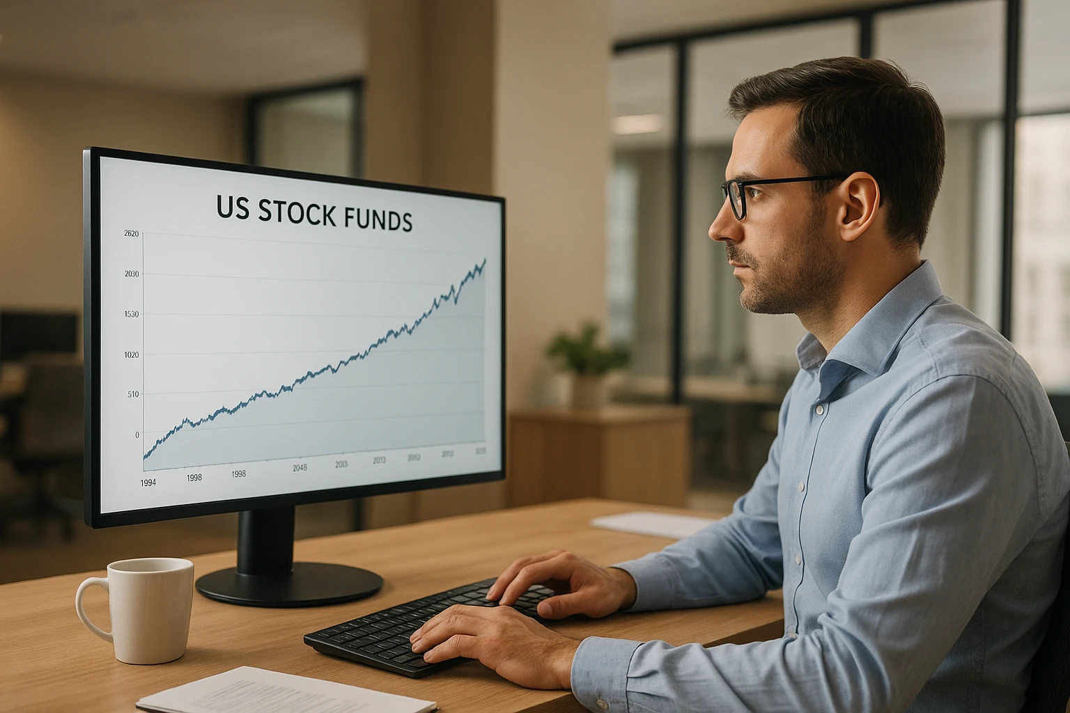 Ein realistisches, nat&uuml;rliches Foto eines professionellen B&uuml;ros mit Blick auf eine dezente, aufsteigende B&ouml;rsenkurve auf einem Monitor, ein Finanzanalyst betrachtet langfristige US-Aktienfonds-Entwicklung &uuml;ber fast 30 Jahre, moderne Arbeitsumgebung, warme neutrale Farbtemperatur, authentische Lichtstimmung, journalistischer Stil, hohe Detailtreue