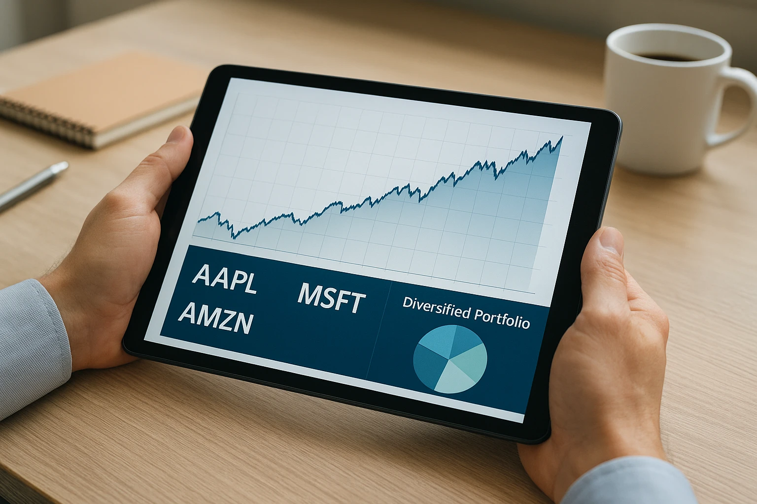 Realistische Nahaufnahme von H&auml;nden, die einen Tablet-Bildschirm mit einer aufw&auml;rts gerichteten B&ouml;rsenkurve, US-amerikanischen Aktien-Symbolen und einem diversifizierten Fonds-Portfolio betrachten; moderner, sauberer Schreibtisch, nat&uuml;rliche Farben, ausgewogene Belichtung, professioneller Finanzlook, keine Logos, keine Marken, keine &uuml;bertriebenen Effekte.