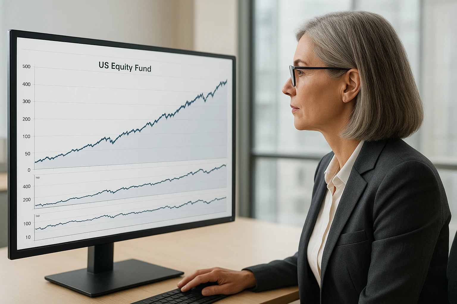 Fotorealistische Finanzszene in einem modernen Büro: eine erfahrene Vermögensberaterin betrachtet auf einem großen Monitor eine lange Performance-Kurve eines US-Aktienfonds über fast 30 Jahre, dezente Aktiencharts, helle natürliche Beleuchtung, neutrale Farbtemperatur, seriös und hochwertig, keine lesbaren Markennamen oder Logos.