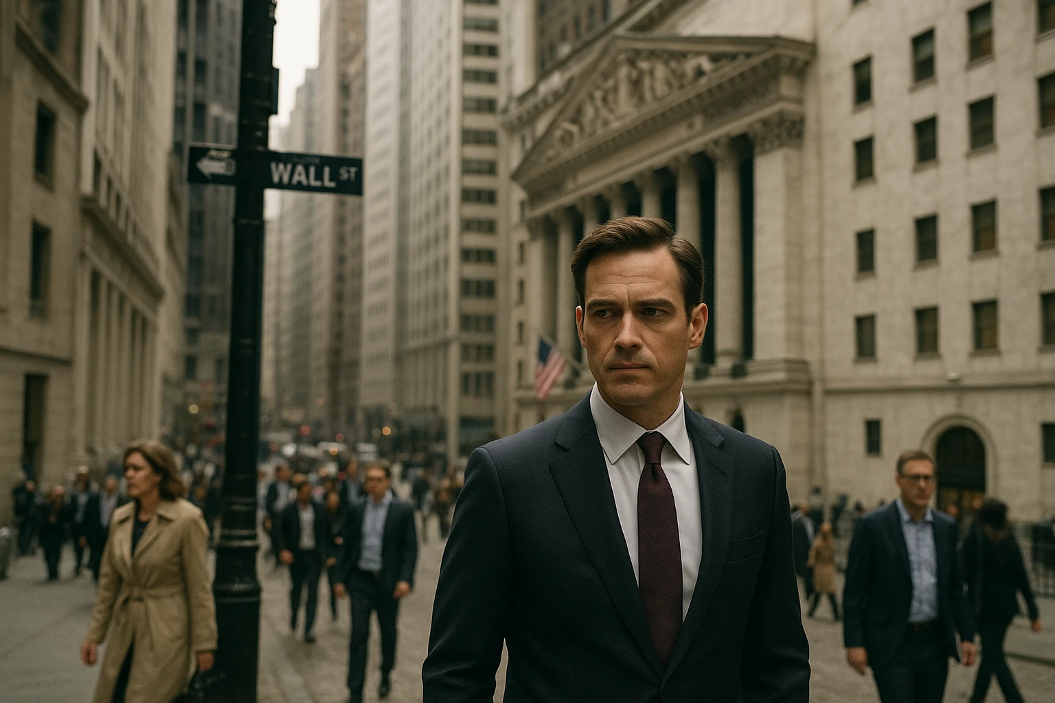 Realistische Szene an der Wall Street in New York mit Börsengebäude, geschäftigen Passanten und dezentem Finanzambiente, Anspielung auf David Alger als Wallstreet-Ikone durch einen eleganten, fokussierten Manager im Vordergrund, natürliche Farben, ausgewogene Belichtung, authentische urbane Atmosphäre, dokumentarischer Fotostil, keine übertriebenen Effekte, kein Text, keine Logos,
