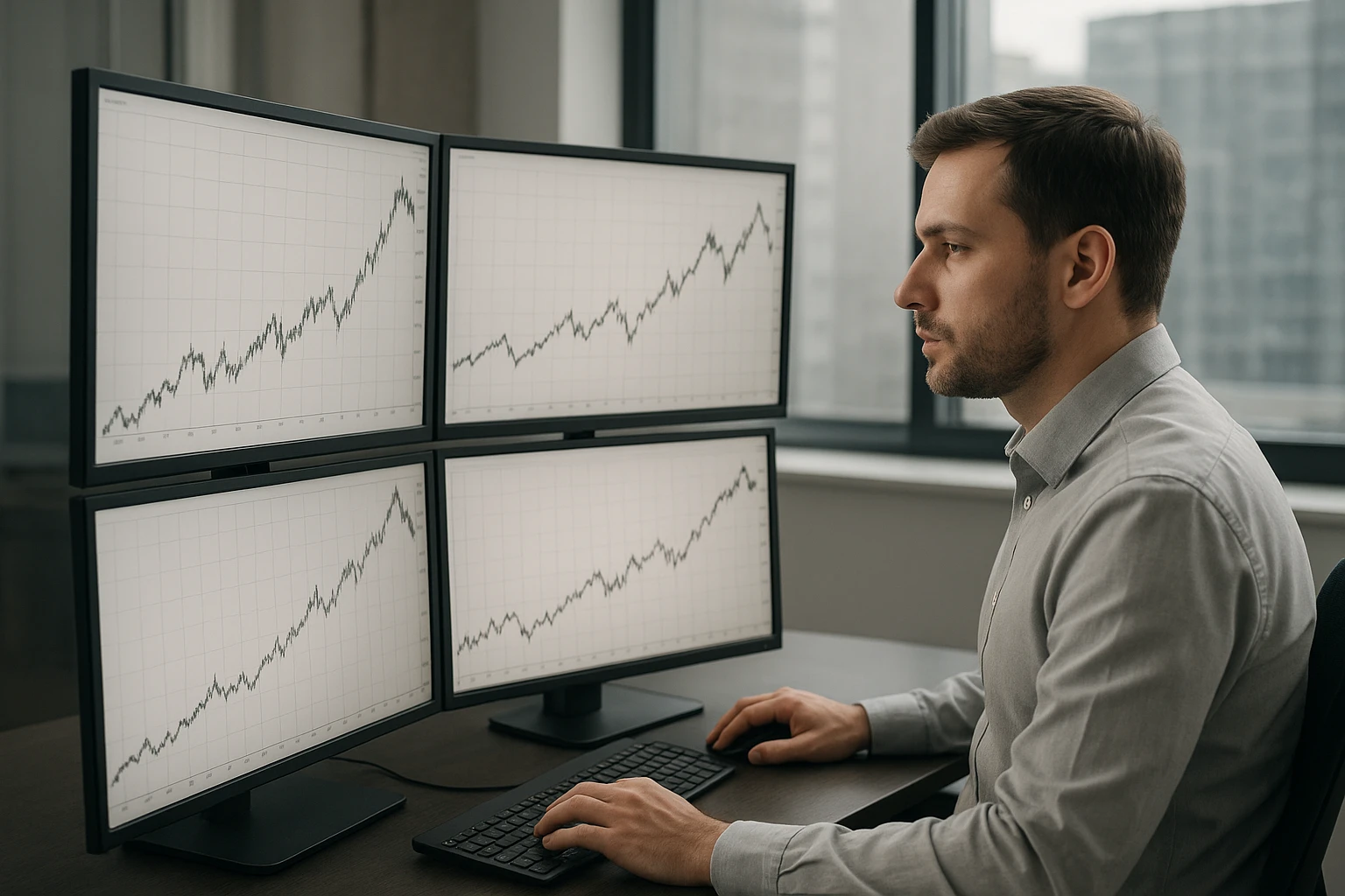 Fotorealistische Editorial-Aufnahme eines modernen Finanz-Workspaces mit einem neutral gekleideten Analysten, der vor mehreren Monitoren sitzt; auf den Bildschirmen ist ein langfristiger US-Aktienchart über mehrere Jahrzehnte zu sehen, mit klar erkennbaren 10-Jahres-Zyklen, dezenter Darstellung von Auf- und Abwärtsphasen, realistische Beleuchtung, natürliche Hauttöne, neutrale Farbtemperatur, hohe Detailtiefe, seriöser Wirtschaftsjournalismus-Stil, keine lesbaren Texte im Bild