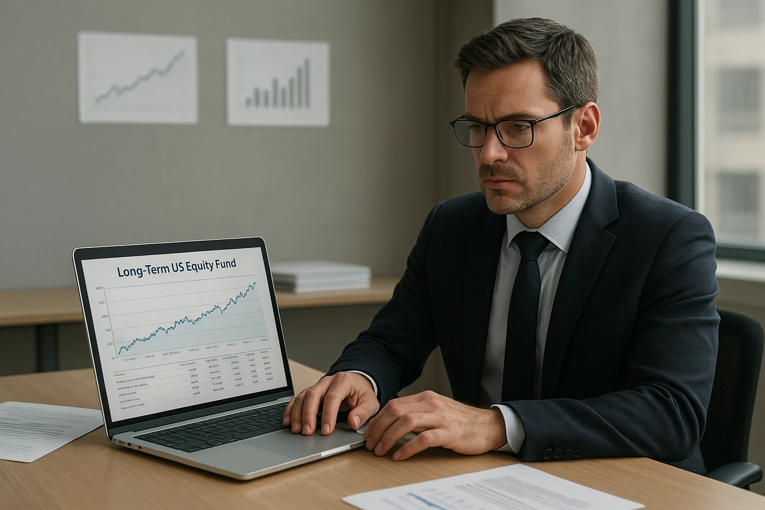 Realistisches Editorial-Foto eines seriösen Finanzberaters in einem modernen Büro, der auf einem Laptop einen langfristigen US-Aktienfonds analysiert, im Hintergrund dezente Charts und Unterlagen, natürliche Lichtstimmung, neutrale Farbtemperatur, hochwertige Magazinästhetik, keine Logos, keine lesbaren Markennamen