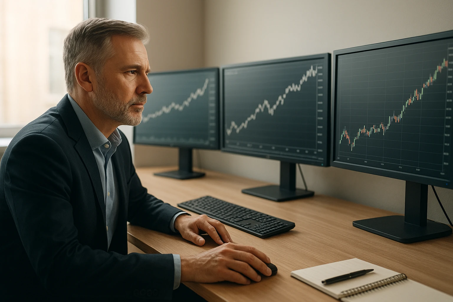 Ein naturgetreues Symbolbild zum Thema hervorragender US-Aktienfonds seit knapp 30 Jahren: ein erfahrener Fondsmanager am Schreibtisch mit mehreren Monitoren, darauf langfristige Performance-Kurven und Aktiencharts, Tageslicht im Büro, realistische Details, neutrale und warme Farbtöne, glaubwürdige Finanzästhetik, keine Logos, keine Schrift im Fokus