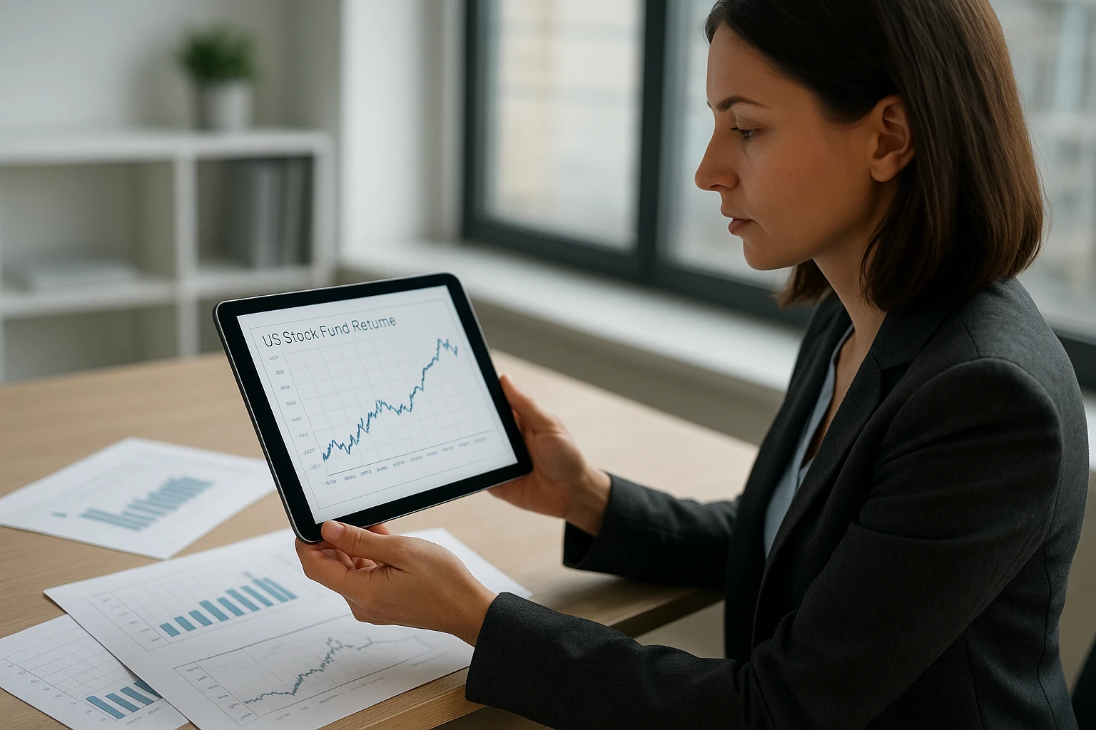 Realistische Finanzfotografie in einem modernen Büro: Eine Analystin sitzt an einem Schreibtisch und betrachtet ein Tablet mit einer übersichtlichen Börsen-Grafik, die die Renditen von US-Aktienfonds in 10-Jahres-Zyklen darstellt. Mehrere Papierausdrucke mit Balken- und Liniencharts liegen daneben, dezente blaue und graue Farbtöne, natürliches Tageslicht, neutrale Farbtemperatur, editorial style, keine Markenlogos, kein lesbarer Text.