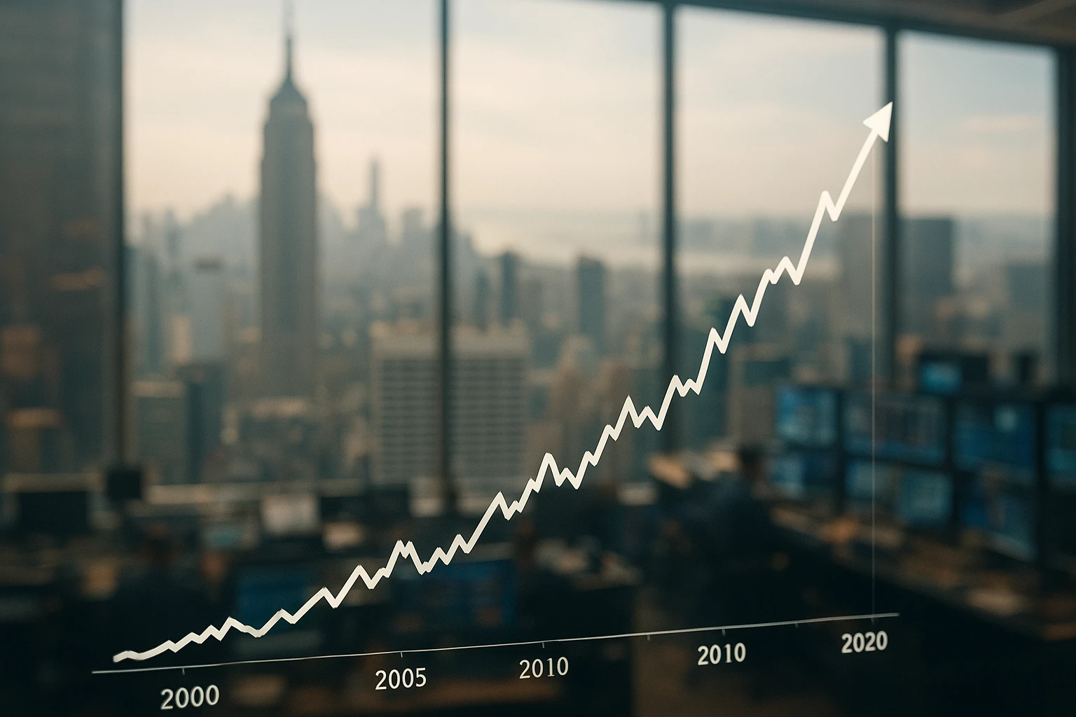 Ein realistisches Finanzmotiv für einen Artikel über einen US-Aktienfonds: moderne Börsenumgebung in New York, dezente Bildsprache, im Vordergrund ein aufsteigendes Kursdiagramm über viele Jahre, im Hintergrund unscharfe Skyline und Handelssaal, natürliche Farben, ausgewogene Farbtemperatur, professionell und seriös, hohe fotografische Qualität
