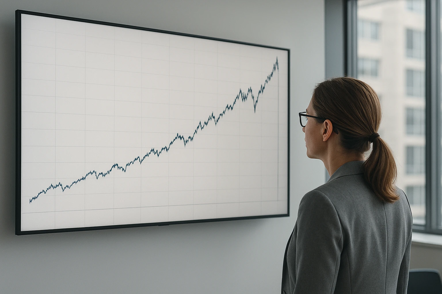 Fotorealistisches Editorial-Foto in einem modernen Finanzbüro: eine Analystin oder ein Analyst betrachtet einen großen Bildschirm mit einer dezenten, realistisch wirkenden Aktienchart-Grafik über mehrere Jahrzehnte, klare 10-Jahres-Abschnitte und Aufwärts-/Abwärtsphasen, elegante neutrale Farbgebung, natürliches Tageslicht, keine lesbaren Texte, seriöser Wirtschaftsjournalismus-Look.