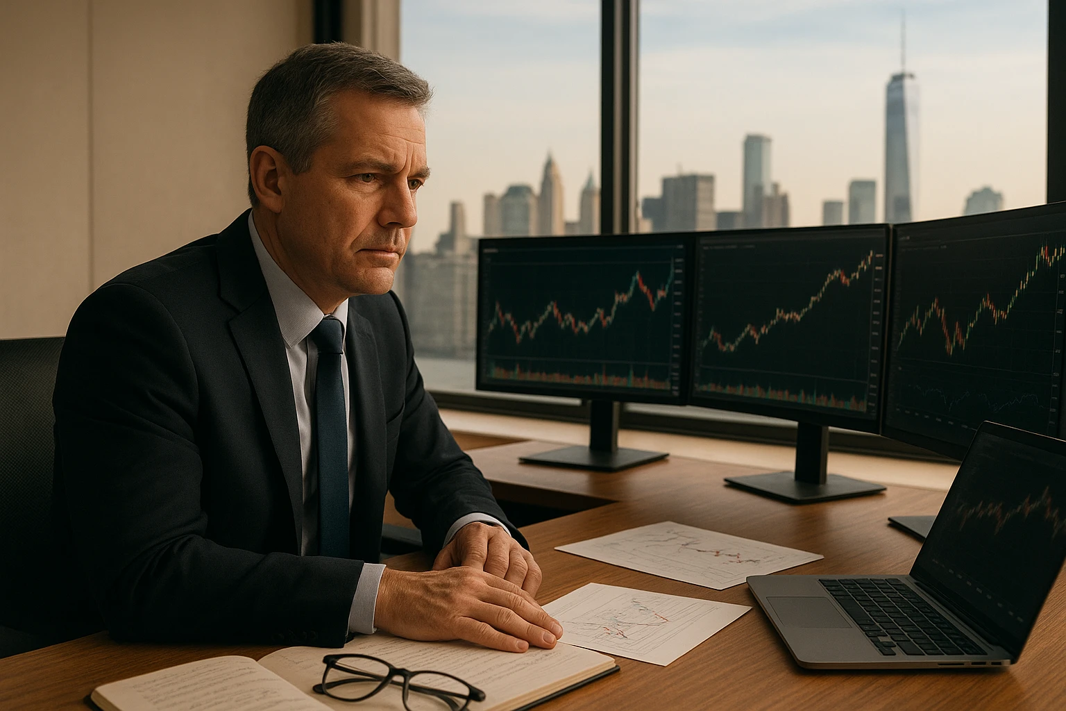 Fotorealistische Szene in einem New Yorker Investment-Office: erfahrener US-Aktienfonds-Manager sitzt an einem Schreibtisch mit Monitoren, Kurscharts und Notizen, im Hintergrund dezente Skyline von Wall Street und Lower Manhattan, professionelle Business-Atmosphäre, natürliche Farben, ausgewogene warme Lichtstimmung, realistisch, kein Text, keine Logos, kein übertriebener Glamourn ","Realistische Außenaufnahme an der Wall Street in New York bei klarem Wetter: Finanzdistrikt mit Börsen- und Bankenarchitektur, dezent im Vordergrund ein professionell gekleideter Investor als Symbolfigur, natürlicher urbaner Look, neutrale bis leicht warme Farbtemperatur, dokumentarischer Stil, keine Logos, kein Text","Editoriales, fotorealistisches Stillleben zum Thema US-Aktienfonds: Notizblock, Brille, Kalender, Aktiencharts auf Papier, Laptop mit unscharfen Kursverläufen und eine elegante Hand am Tisch, Bürolicht mit natürlicher warmer Farbtemperatur, hochwertige Magazinästhetik, realistisch, kein Text, keine Logos