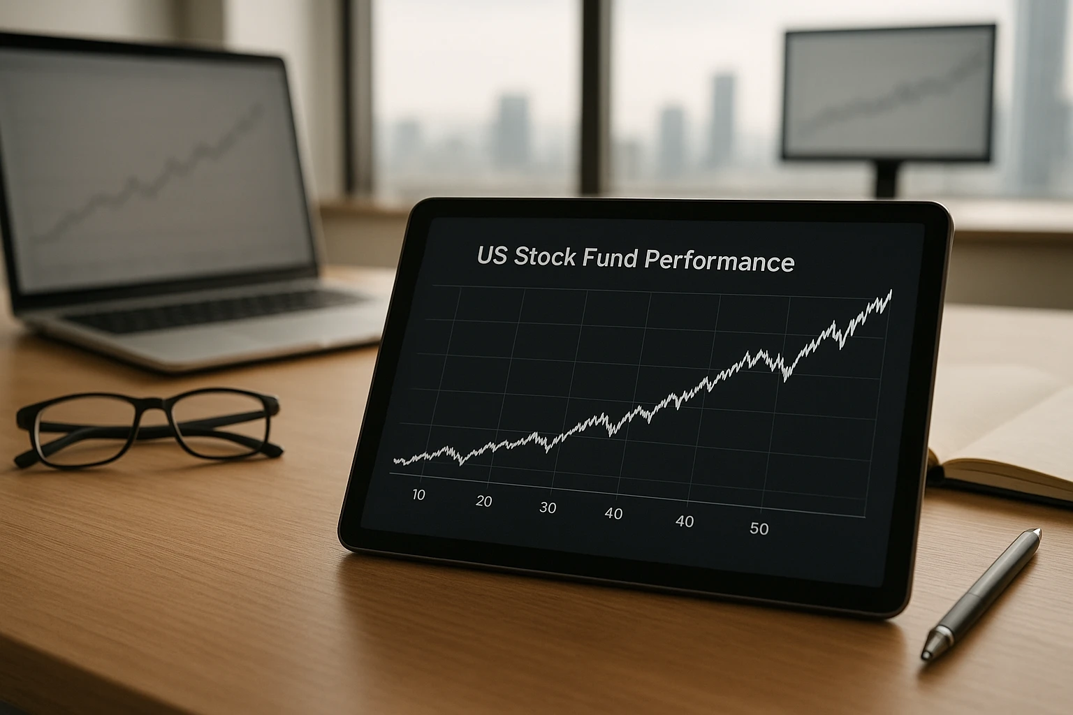 Realistische Nahaufnahme eines gedruckten Finanzdiagramms auf einem Schreibtisch mit Laptop, Brille und Notizen; ein US-Aktienfonds-Performance-Chart über 40–50 Jahre mit in Segmente unterteilten 10-Jahres-Zyklen, dezente Liniengrafik auf Monitor im Hintergrund, natürliche Büroatmosphäre, warm-neutrales Licht, authentische Materialien, ruhige Farbpalette, keine Logos, keine lesbaren Beschriftungen, fotorealistisch und sauber komponiert zur Illustration von Renditezahlen über Jahrzehnte hinwegnFotorealistisches Bild einer professionellen Investorenszene in einem hellen Büro mit Blick auf eine dezente Skyline und leicht sichtbare Marktmonitore; im Vordergrund ein Tablet mit einer langfristigen Performance-Kurve eines US-Aktienfonds, visuell in Jahrzehnte unterteilt, um die Renditen in 10-Jahres-Zyklen darzustellen, realistische Reflexionen, ausgewogene Kontraste, natürliche Tageslicht-Farbtemperatur, seriöser und moderner Look, keine auffälligen Grafikeffekte, keine lesbaren Zahlen oder Text
