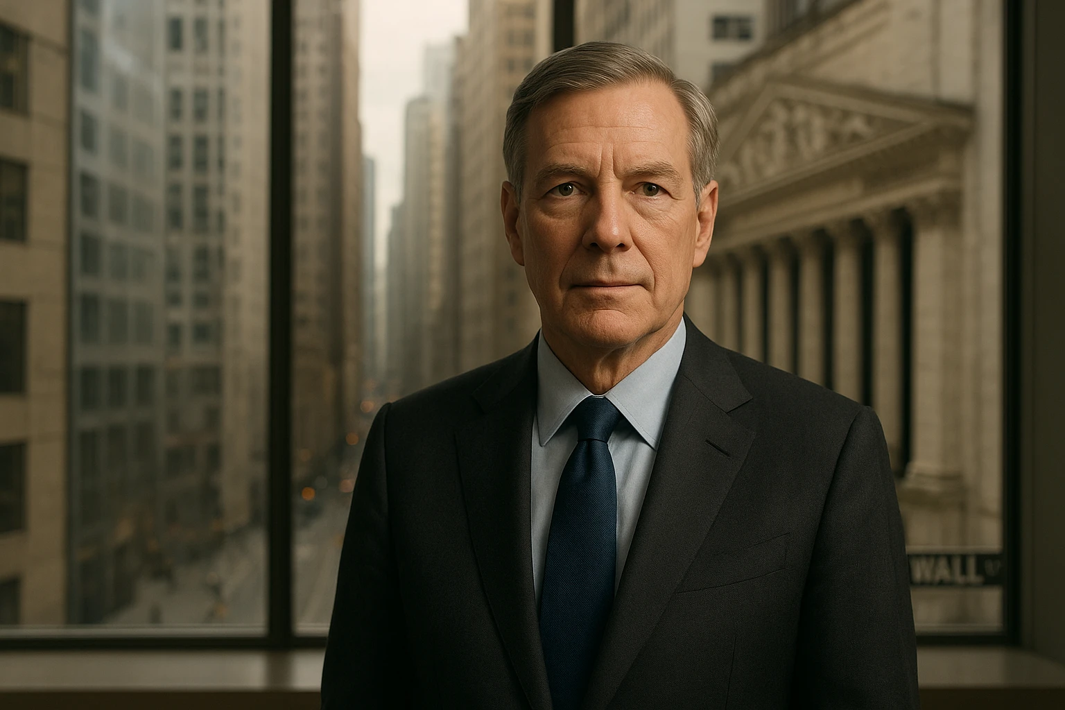 Fotorealistisches Editorial-Porträt von David Alger, einem erfahrenen US-Fondsmanager, in einem modernen New Yorker Büro mit Blick auf die Wall Street, seriöser Anzug, ruhiger selbstbewusster Ausdruck, natürliches Tageslicht, realistische Hauttöne, warme neutrale Farbtemperatur, professionelle Magazinästhetik, hohe Detailtreue, kein sichtbares Logo, kein Text im Bild