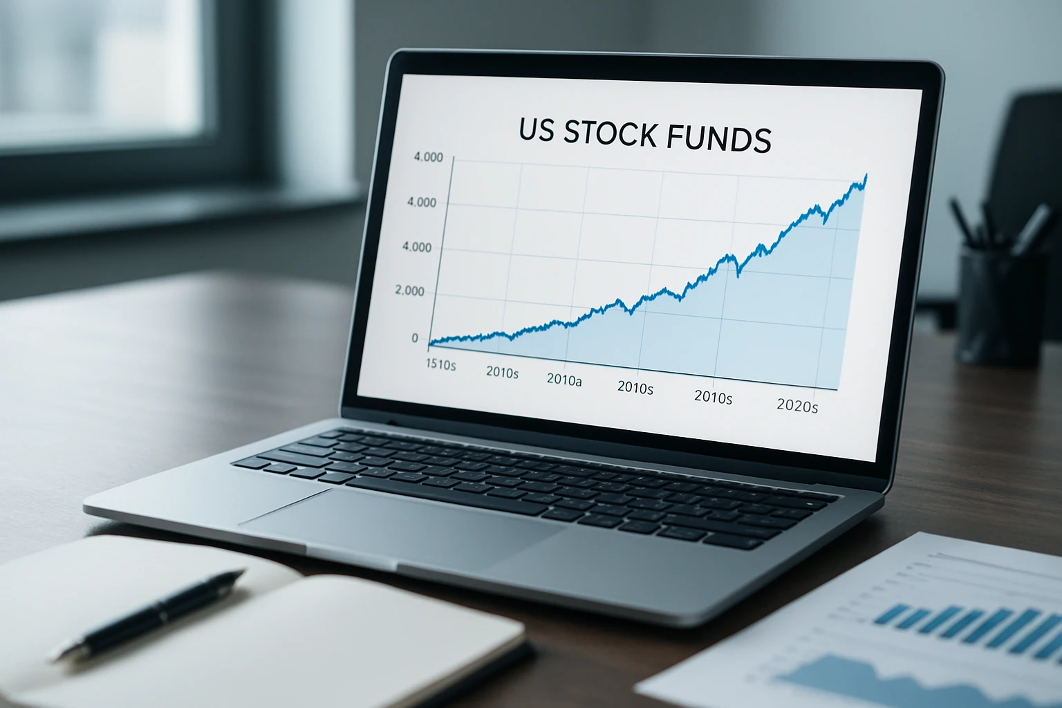 Nahaufnahme eines professionellen Schreibtischs mit Laptop, Notizblock und gedruckten Marktcharts: Ein sauber gestaltetes Diagramm zeigt die Entwicklung von US-Aktienfonds über mehrere Jahrzehnte in Zehnjahresabschnitten. Realistische Details, leichte Spiegelungen auf dem Monitor, kühle aber natürliche Bürobeleuchtung, seriöse Finanzoptik, keine Logos, kein lesbarer Text, hohe fotografische Qualität.,