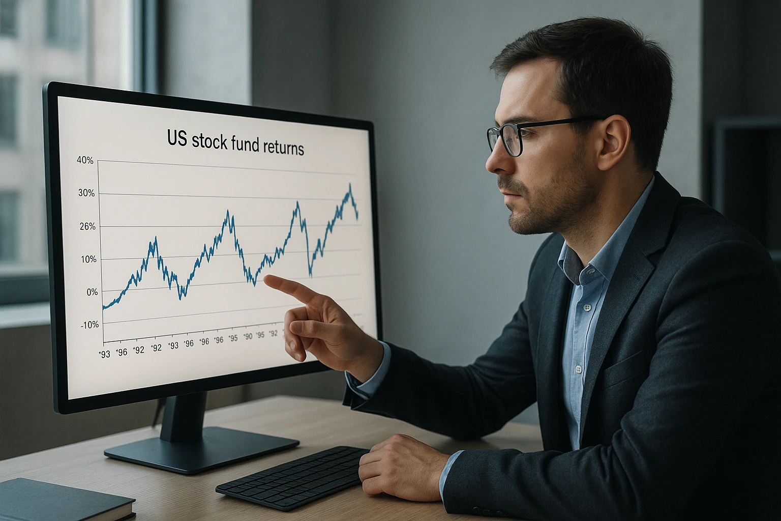 Ein realistisches Editorial-Foto eines Finanzanalysten in einem modernen Büro, der auf einem Monitor eine lange Zeitreihe der Renditen von US-Aktienfonds über mehrere Jahrzehnte betrachtet, deutliche 10-Jahres-Zyklen auf dem Bildschirm, dezente blau- und grautöne, natürliche Innenbeleuchtung, authentische Details, keine Logos, keine übertriebene Grafik, hohe fotografische Qualität.